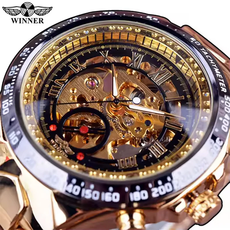 

WINNER Fashion Mechanical Mens Watches Top Brand Luxury Business Gold Skeleton Automatic Watch for Men Stainless Steel Strap New