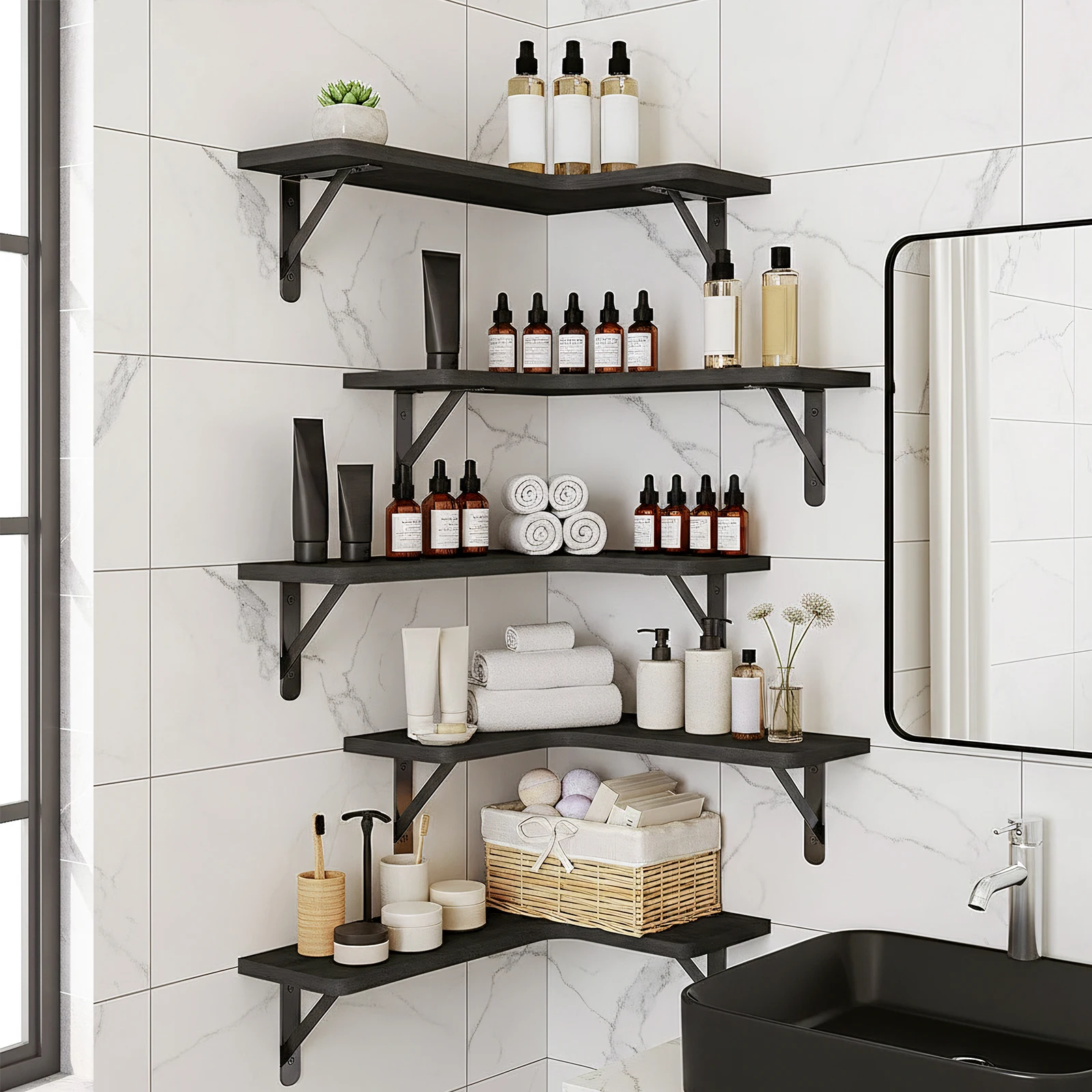 Whonline Set di 5 Mensole Galleggianti a L per Parete, Scaffale Espositivo in Legno Rustico Retrò, Soluzione di Stoccaggio per Bagno, Cucina, Camera d