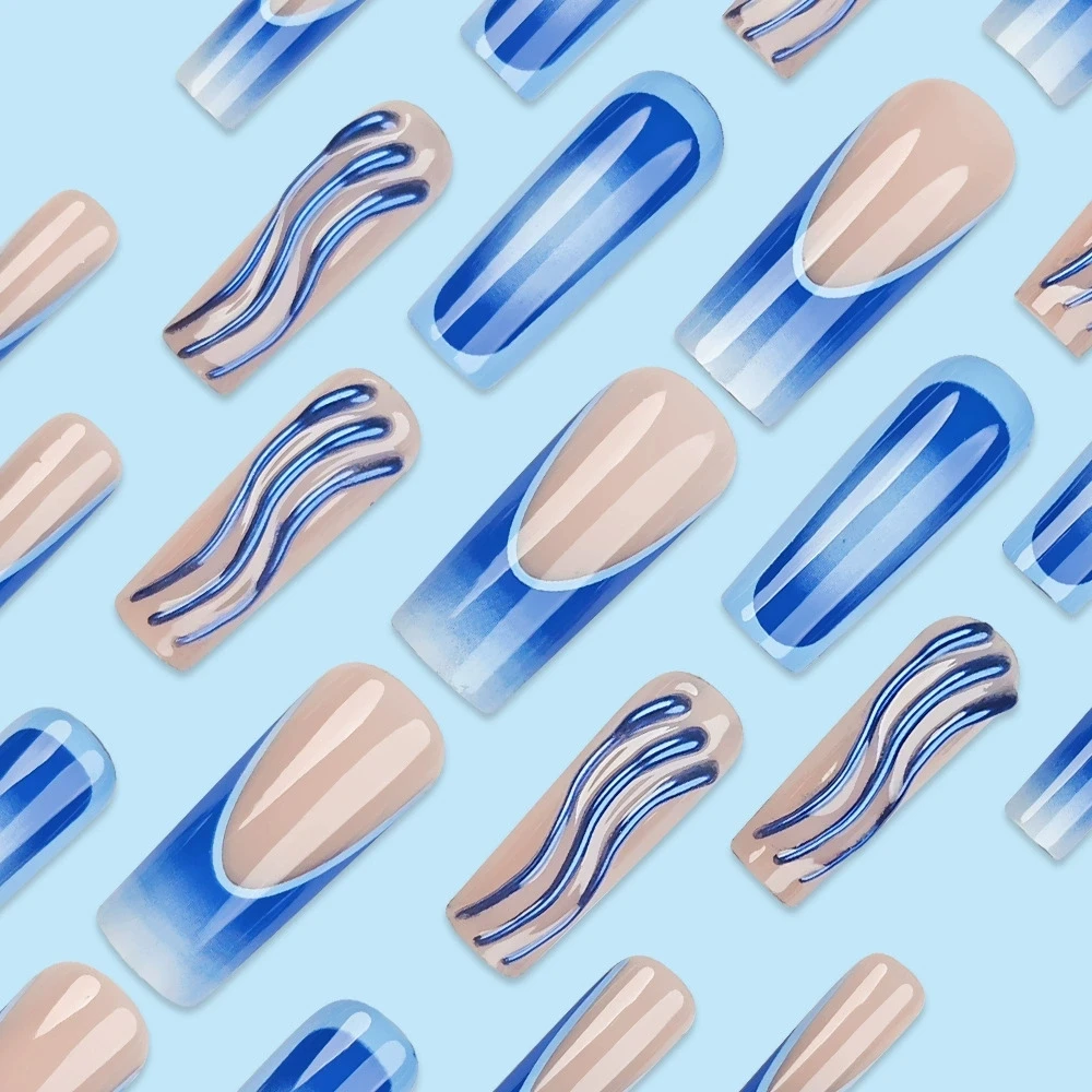 24 Uds. De uñas postizas francesas con gradiente de rubor azul 3D Y2k, uñas postizas con diseños de rayas Aurora, uñas postizas con acabado de Ballet largo