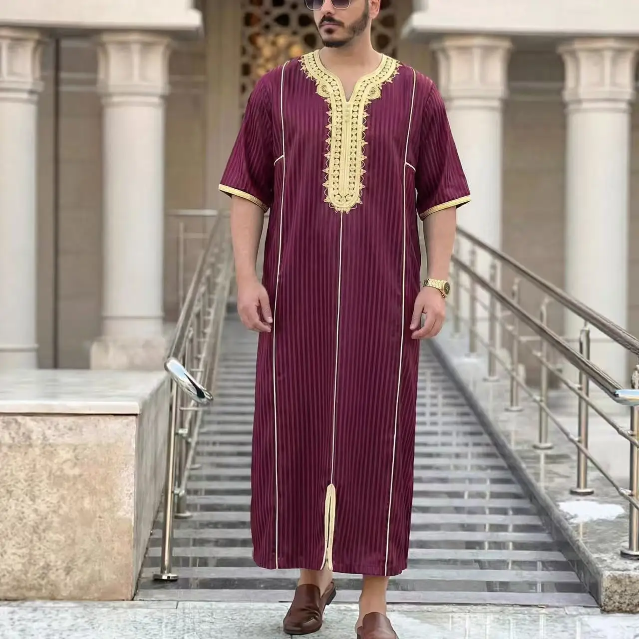 Marokkaanse Gandoura Thobe voor moslimmannen, losse korte mouwen, prachtige borduursels, comfortabel, traditionele islamitische mannenkleding voor feesten