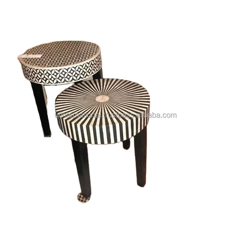 Best Quality Bone Inlay Side Table Design Stool in Black Bone Inlay Side Table from India for Living Room 2 pieces  Furniture