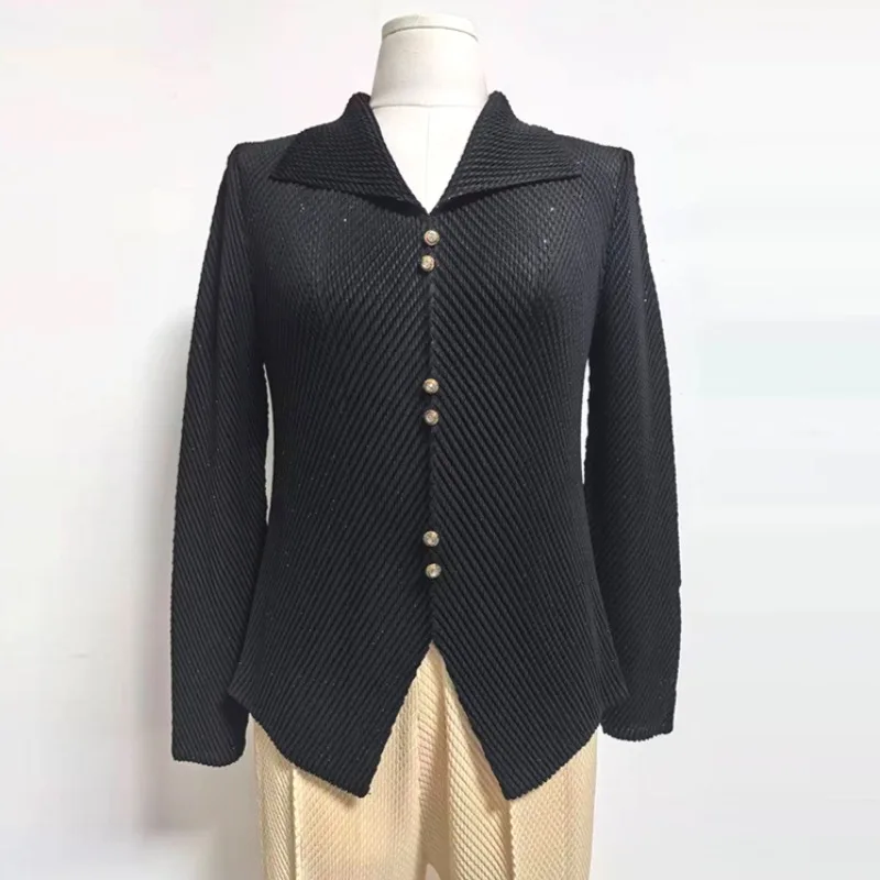 

Miyake 202, осенне-зимняя новая плиссированная блузка, однотонная простая футболка с v-образным вырезом и длинными рукавами, эластичная женская футболка большого размера