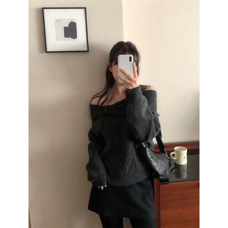 سترة نسائية وردية مكشوفة الكتفين موضة مثيرة مائل الرقبة بلوفرات محبوكة كورية حلوة تريكو شتوي كم طويل لاعبا جديد