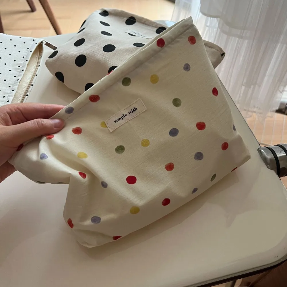 Women Cosmetic Organizer Zipper Pouch Korean Style Dots Print Cotton Makeup Bag Travel Wash and Storage Canvas Bag  Toiletry Bag