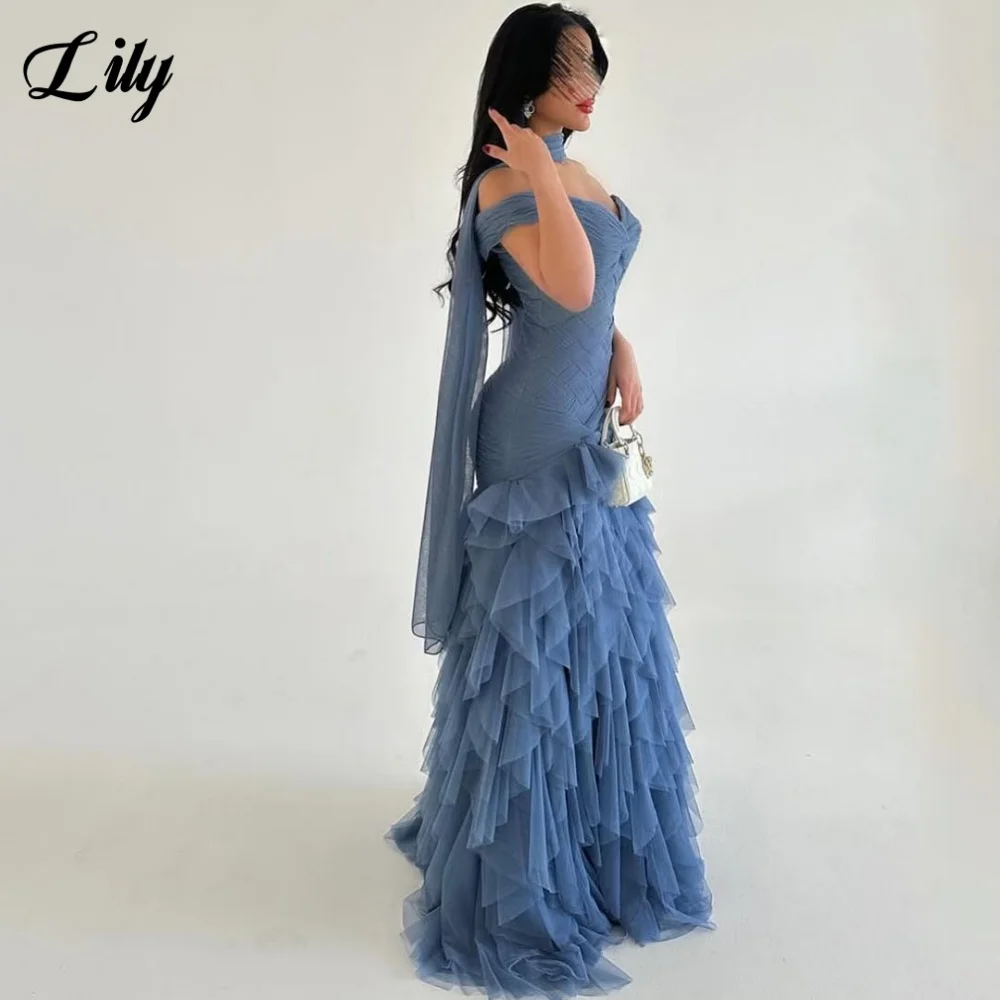 

Синее платье для выпускного вечера из шифона лилии Многоярусные гала-платья с шарфом Вечернее платье с треугольными чашечками Многослойные вечерние платья с открытыми плечами по индивидуальному заказу