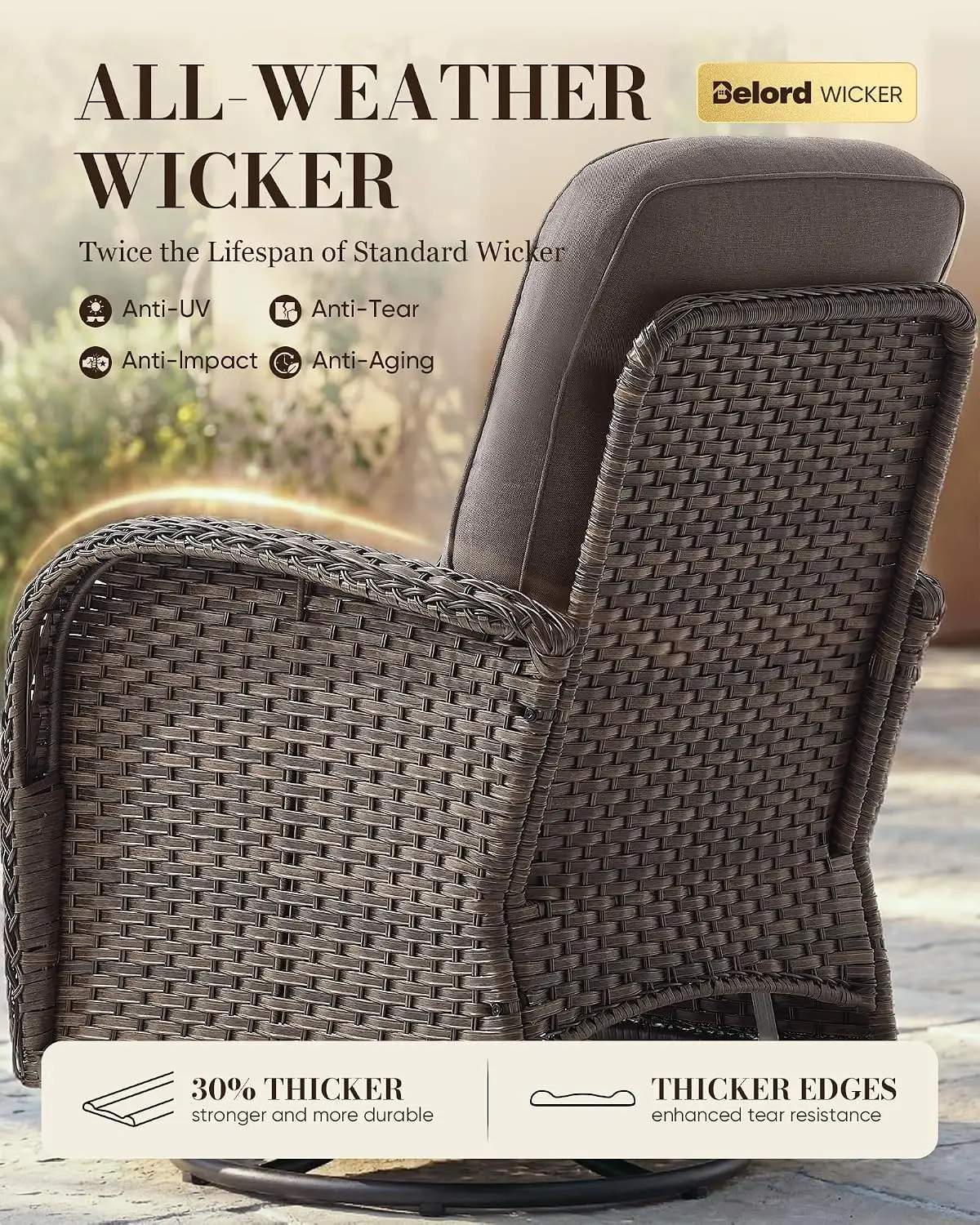 Upgraded 6“ Cushion Luxury Patio Furniture Set - 7 Piece Wicker Furniture Set, Comfort Outdoor Couch and High Back Swivel Rocker
