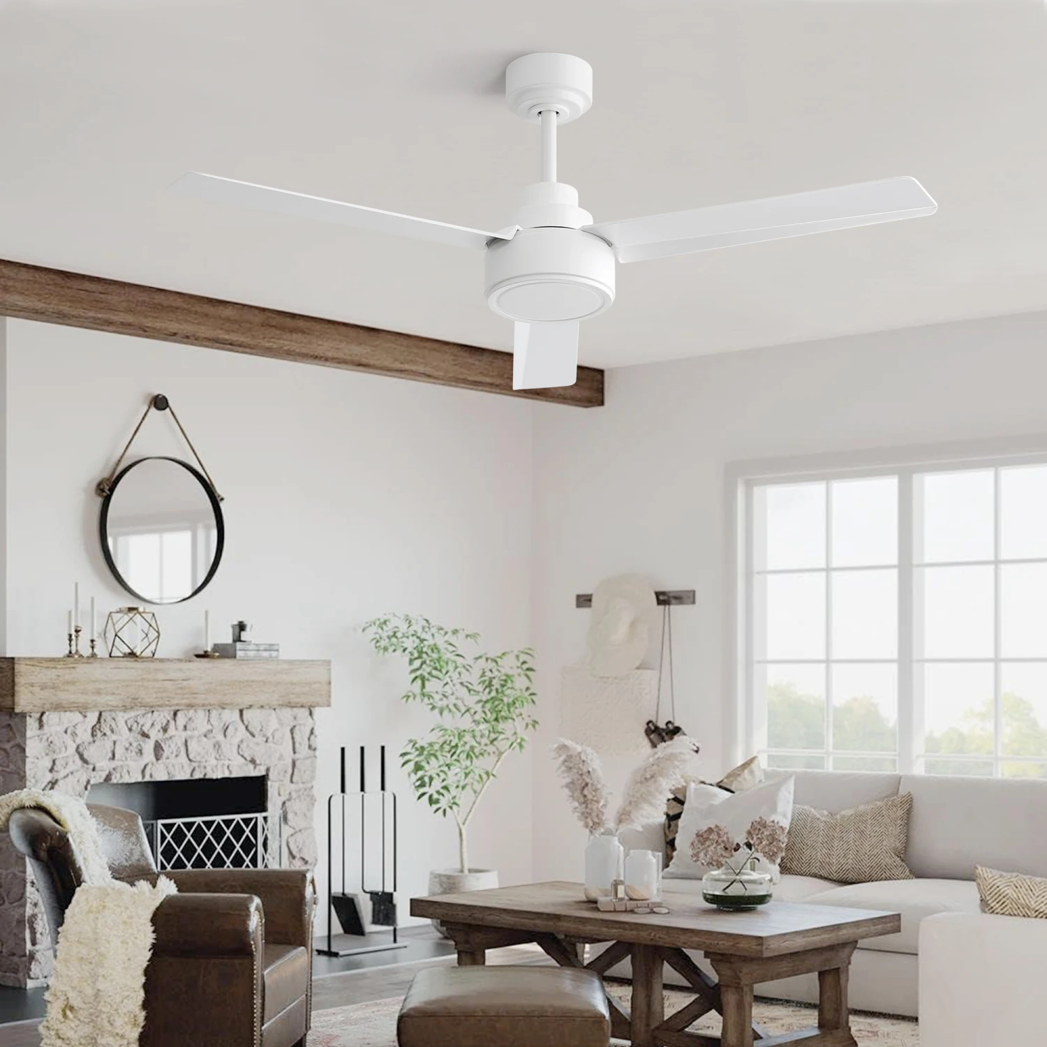 

52" Ceiling Fan Without Light with Remote Control ,3 ABS Blades Farmhouse Ceiling Fan 6-speed Reversible DC Motor White for Livi