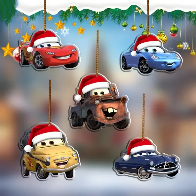 2D Disney Cars Acrylic Hanging Christmas Tree McQueen Pendant Car Decoration Pendant Birthday Xmas Gifts Toy Bag Accessories