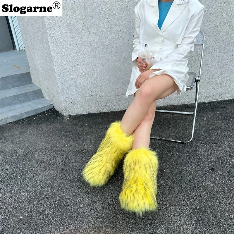 Winter Shoes Women Winter Fluffy Faux Raccoon Fur Boots Girls New Push Warm Snow Boots Luxury Footwear Fahsion Furry Fur Bottes