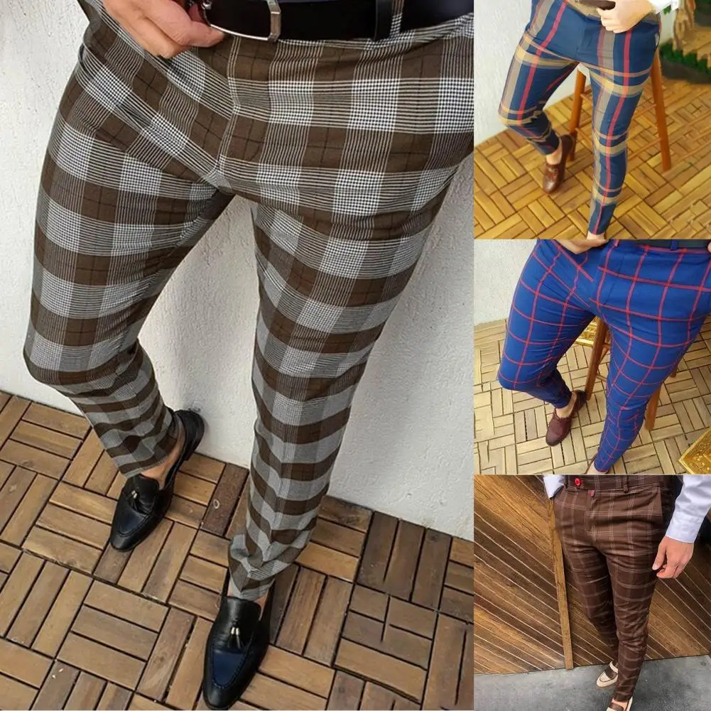 Men\'s Casual Plaid Print Pants Skinny Pencil Pants Zipper Elastic Waist Social Pants Male Business Suit Trousers штаны мужские