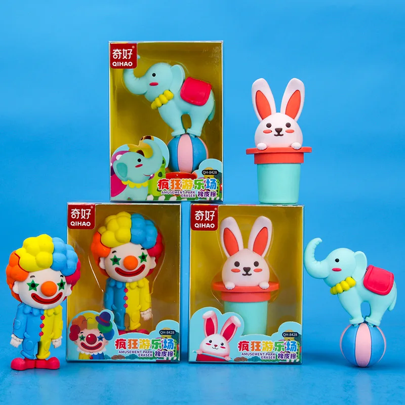 1card Eraser Zoo Cartoon Character Three-Dimensional Boxed Eraser Clown Magic Rabbit Acrobatic Elephant Eraser