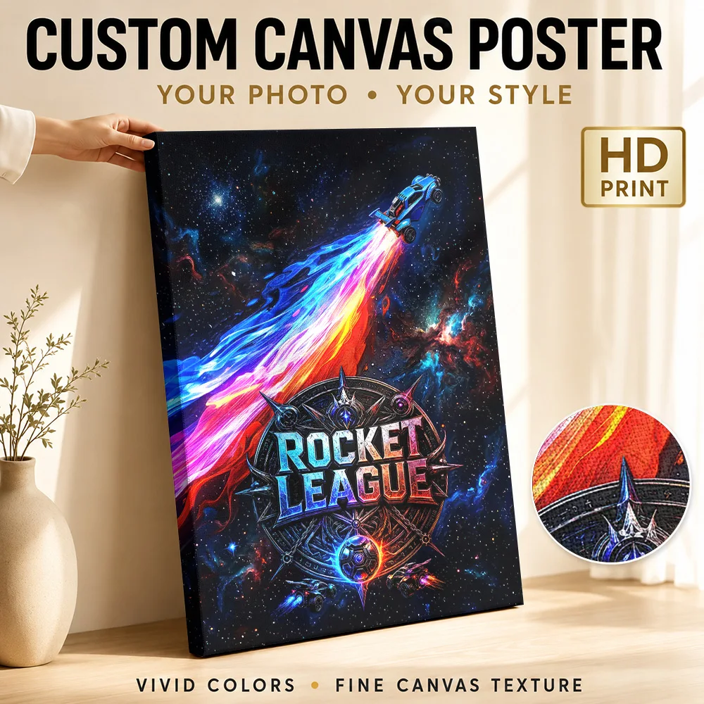 Rocket League Flying Car In Space Framed Canvas Poster Customized Photo Cosmic Glow Wall Art For Computer Room Gaming Fan Gift