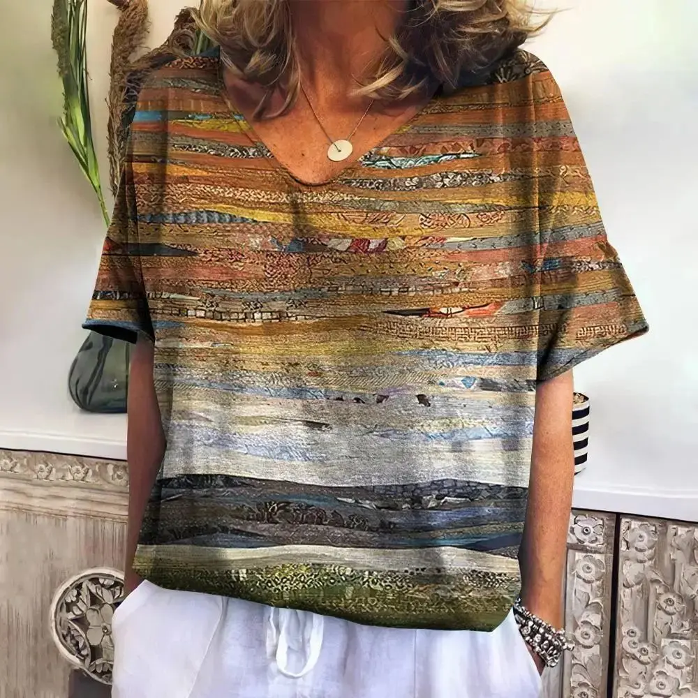 الصيف منقوشة الخامس الرقبة تي شيرت للنساء عادية البلوز جديد تيز Harajuku الملابس فضفاضة قصيرة الأكمام بلوزة بلوزات الإناث الموضة #4