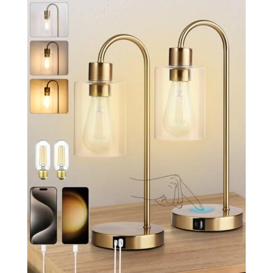 

Bedside Lamps Set of 2, Gold Touch Table Lamp with USB C+A Ports, 3 Way Dimmable Bedroom Lamps with Glass Shade, Brass Nightsta