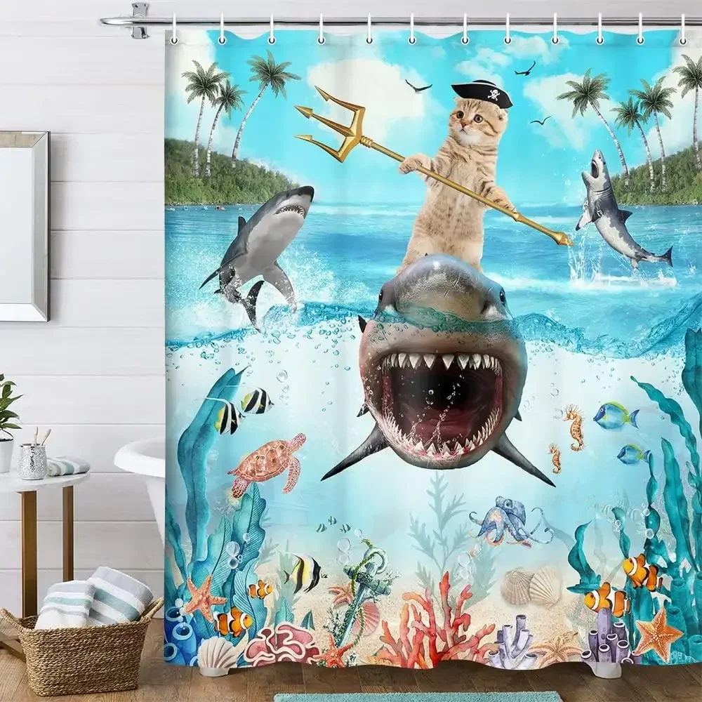 Funny Cat Shower Curtain, Dinosaur Cat Dog Animal Shark Funny Ocean Coral Goldfish Bathtub Bubbles Kids Cartoon Bathroom Decor