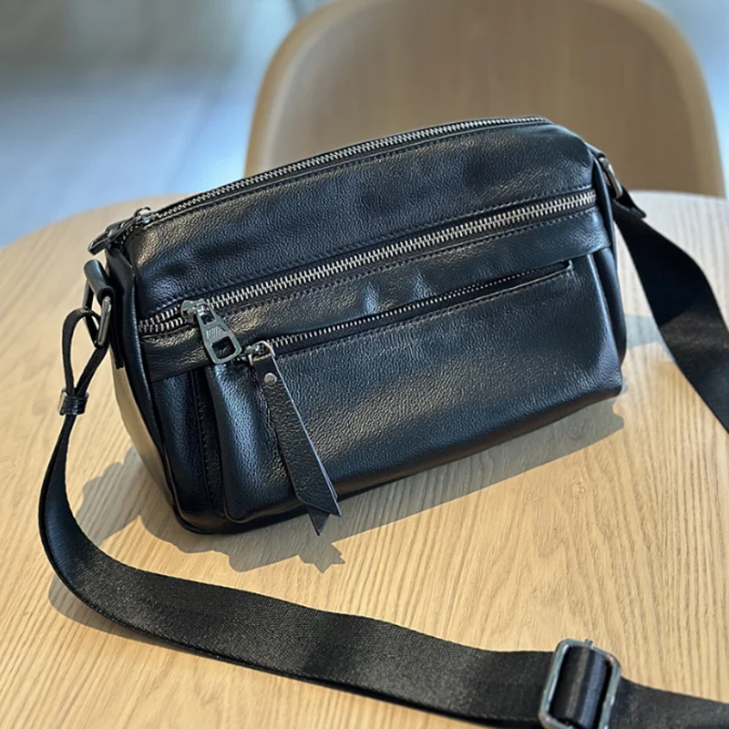 

Black new Japanese top layer cowhide crossbody bag Retro multi-layer soft leather Korean shoulder bag leather casual sports bag