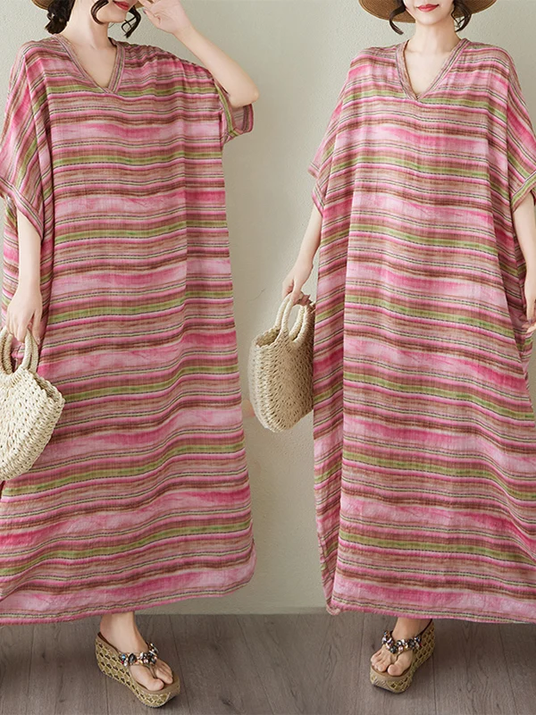 V-Ne Batwing Sve Stripe Long Dr Knee-Length Cotton Linen Blend Travel Casual Summer Floral Print Loose Fit Maxi Dr