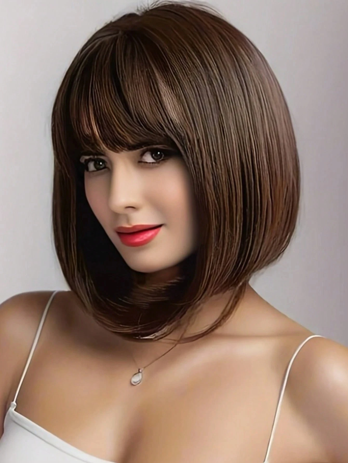 

12inch Heat-Resistant Dark Brown Bob Wig with Bangs, Straight Hair, Easy to Style, Suitable for Various Occasions, Suitable for Women