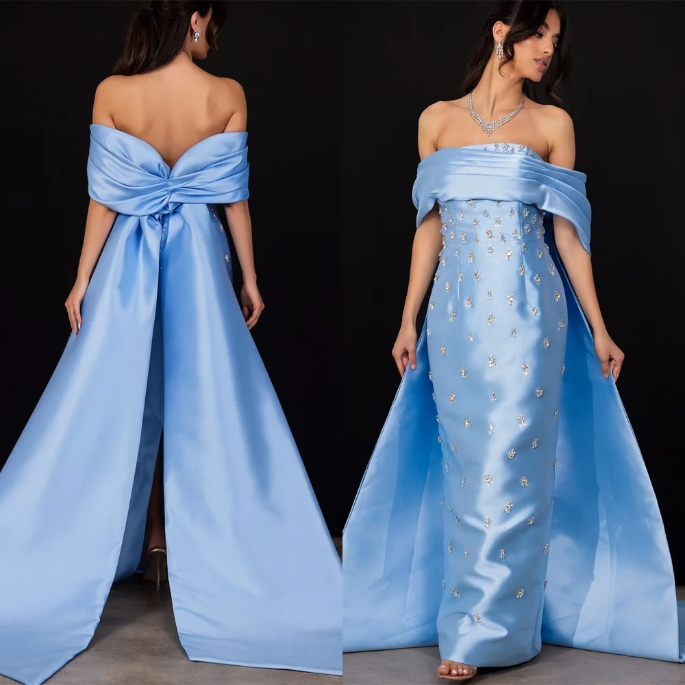 Customized Luxury Blue Satin Evening Dress Classic Off the Shoulder Homecoming Dresses Temperament Special Occasion Gowns