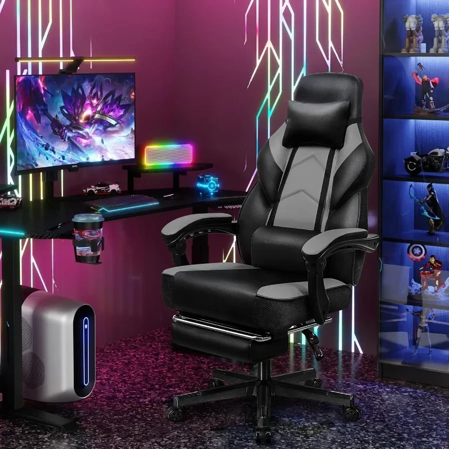Gaming Chair for Adult, Computer Chair with Footrest, Video Game Chair for Big and Tall, Grey Mesh with Massage Lumbar Support,