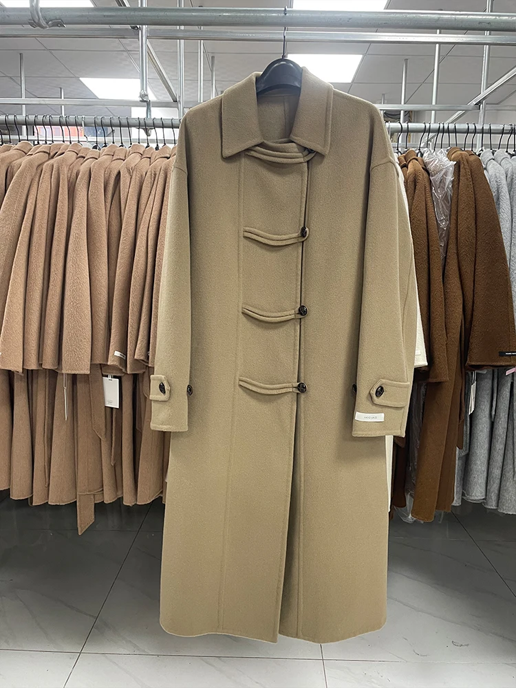 2025 Autumn Winter Double-sided Cashmere Coat Women's Long Style Cow Horn Button Korean Version Loose Lapel Woolen Coat Jacket