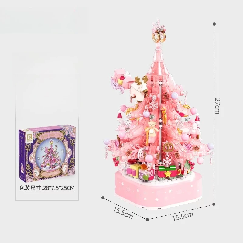 SEMBO Building Block Pink Crystal Christmas Tree Building Blocks  Light Music Box Assembly Bricks Toys for Girls Friendsgift