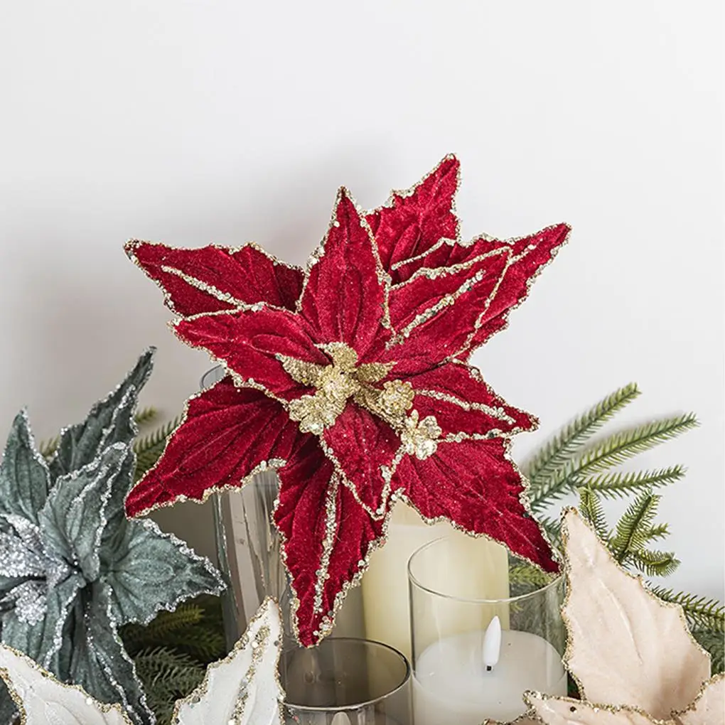 Velvet Christmas Tree Flowers, Vermelho e Dourado, Decoração Veludo, Grinaldas, Lantejoulas, Tecido, 26cm