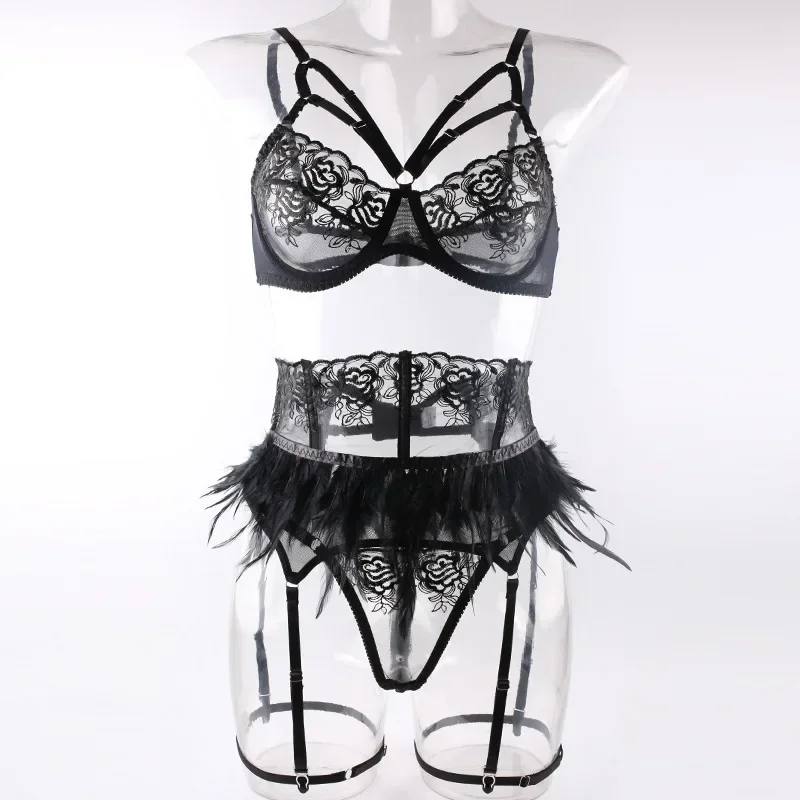 New Feather Embroidered Black Sheer Satin Lingerie, 3-Piece Lingerie Set Cut Out Bra and Thong with Garter Belt Role Play