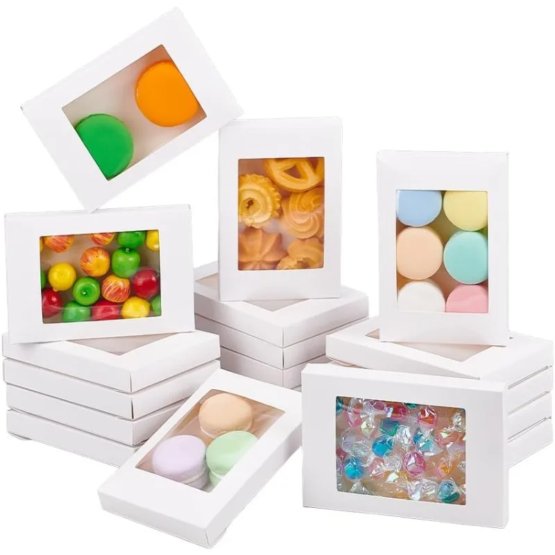 30 Packs 5x3x0.6 Inches White Kraft Paper Bakery Box with Clear PVC Window Pastry Gift Box for Candy Cookies and Other