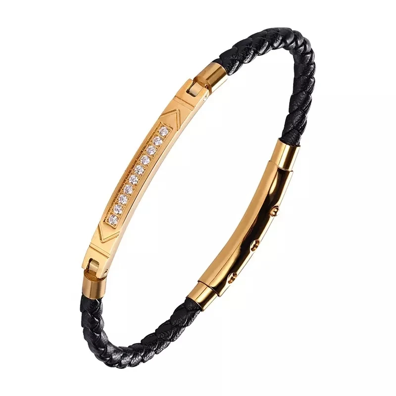 Moocare Fashion Leather with Stainless Steel Bracelet for Men Gold Plated Metal with Black Zircon Wrist ChainChristmas Gift