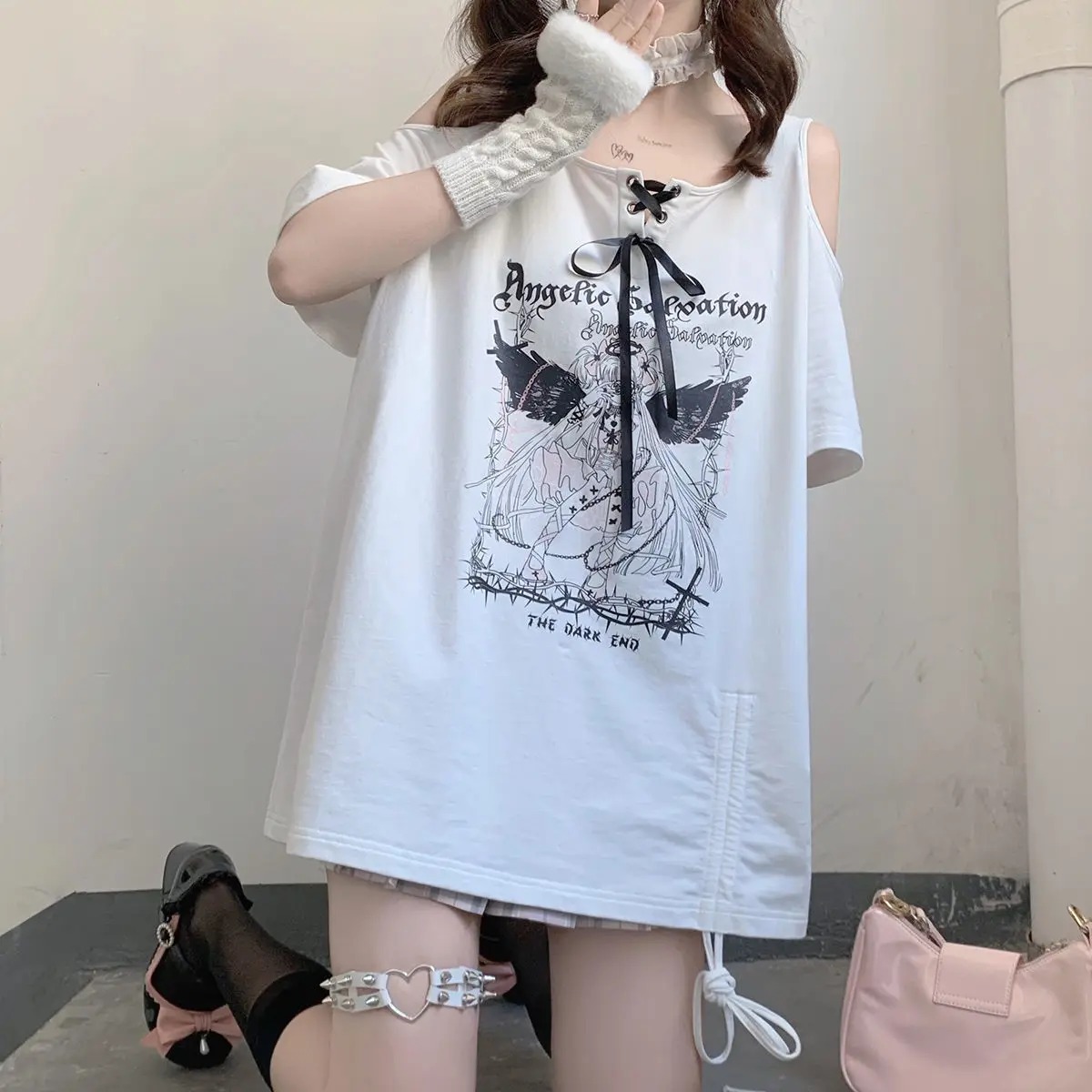 Harajuku Cartoon Print Kawaii T-shirt Women Off Shoulder Graphic T Shirts Fairy Grunge Y2k Aesthetic Tee Gothic Graphic Camiseta