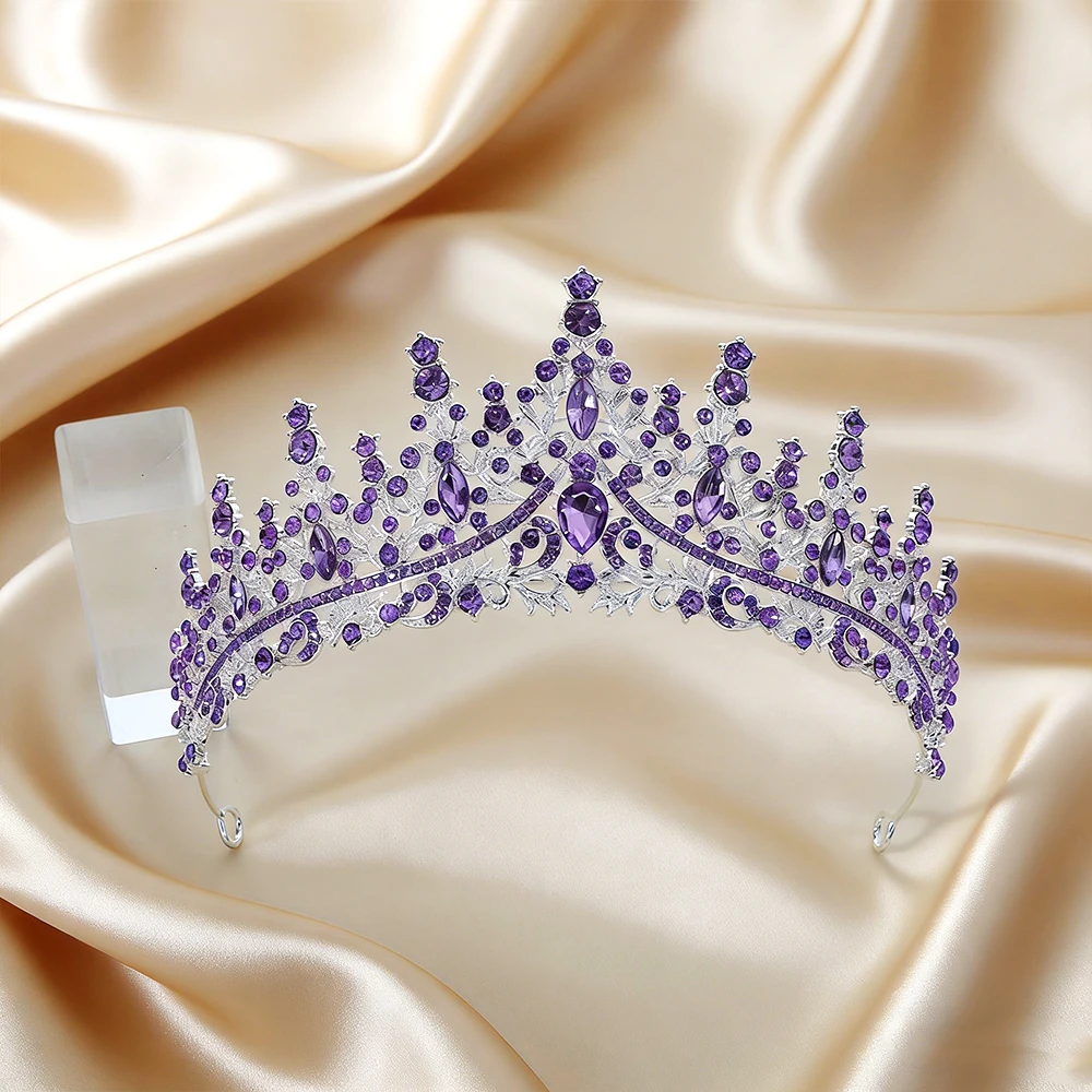 2Pcs Luxury Purple Amethyst Baroque Crown Set Tiara Gold Full Round Crown Clear Rhinestones Regal Bridal Headwear Weddings Proms view 5