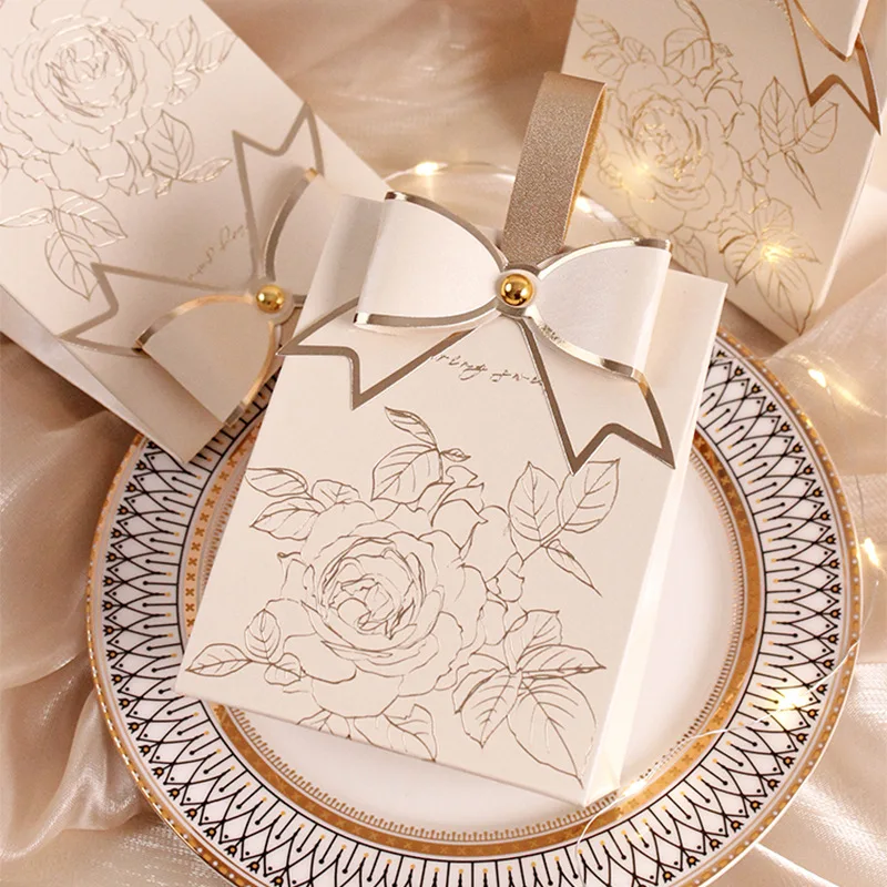 10pcs Wedding Candy Box Vintage French Handheld Champagne Bow Texture Instagram Handheld Gift Box Gift Bag Bolsa de regalo