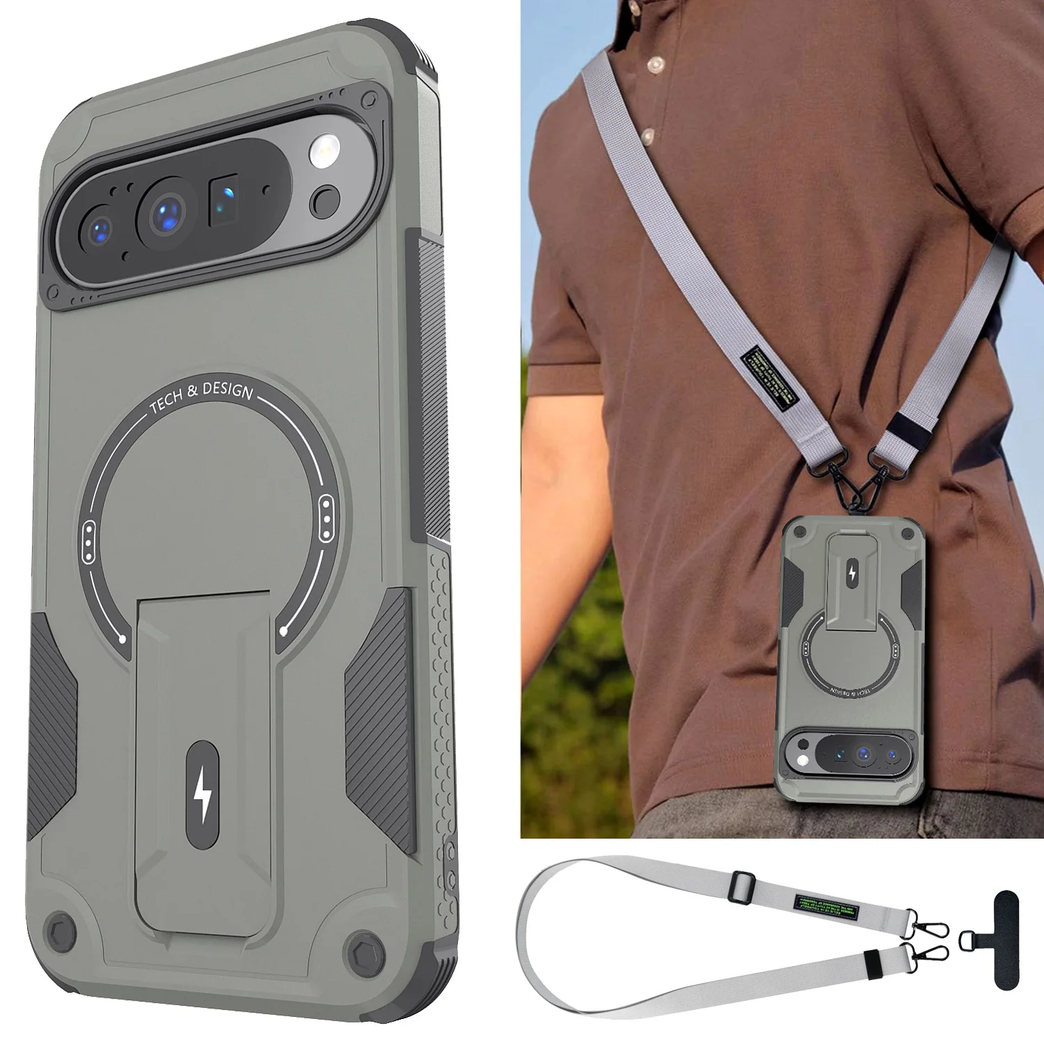 

For Google Pixel 9/9 Pro/9 Pro XL Case Hybrid Rugged Shockproof Kickstand Magnetic Phone Cover With Lanyard Strap Gray