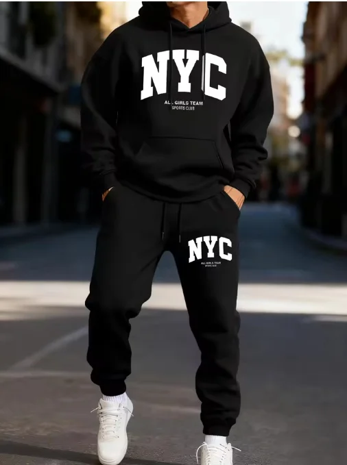 

A Striking New York City Lettered Men's Hoodie Set, A Casual Winter Suit, Sporty Sweatpants, and A Fashionable Autumn Hoodie