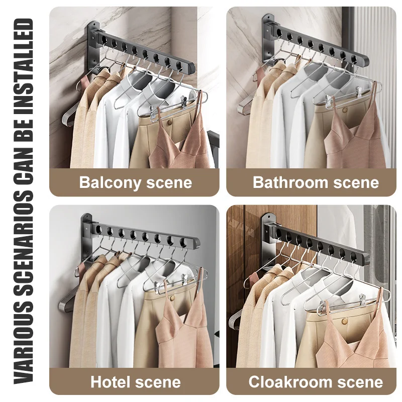 Balcony folding clothes hanger wall-mounted free punching drying hanging rod foldable storage hanger hook