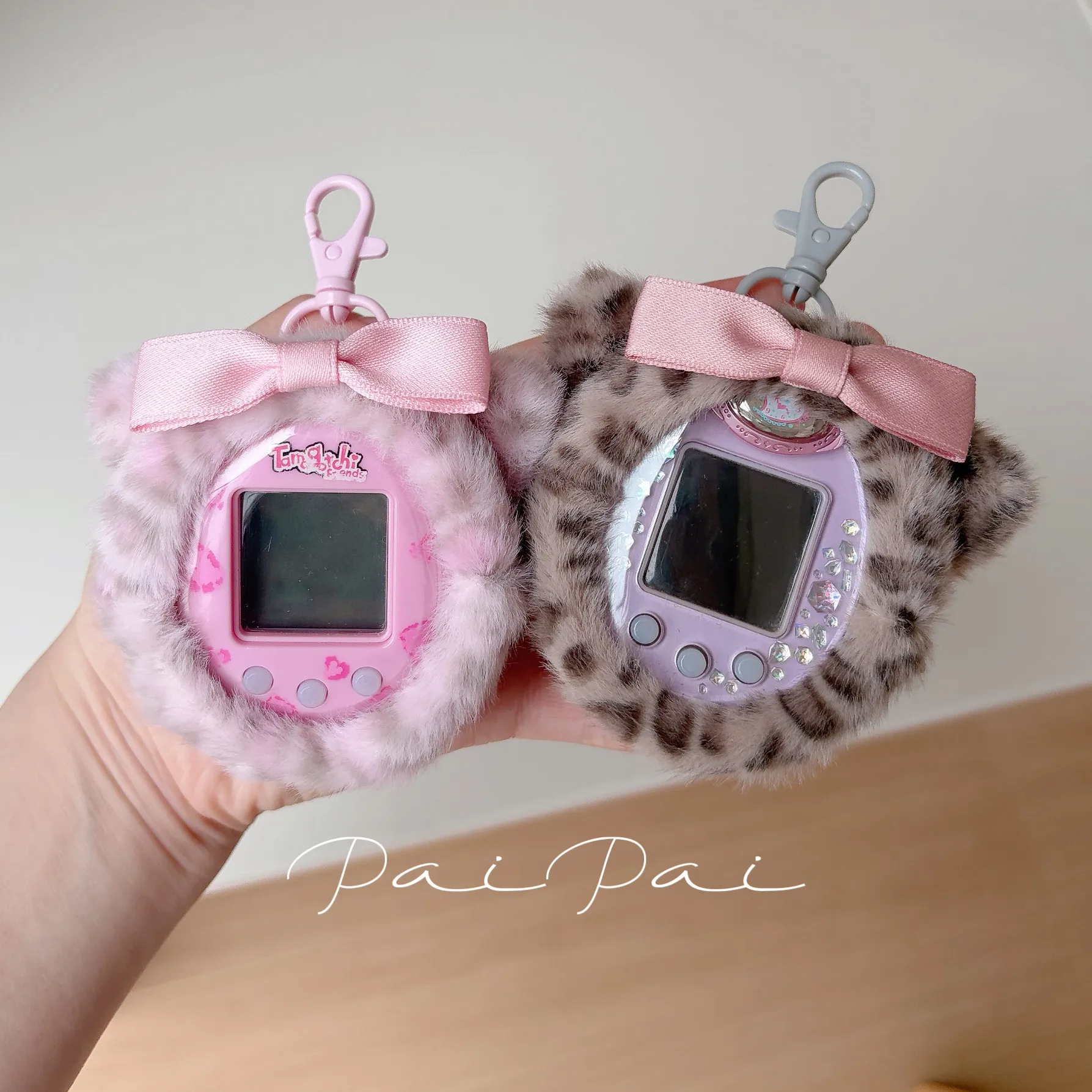 Cute Cartoon Ita Bag Fluffy Plush Leopard Print Cat Ear Fits Portable Keychain Protective Cover Pink Leopard Print Plush Bag
