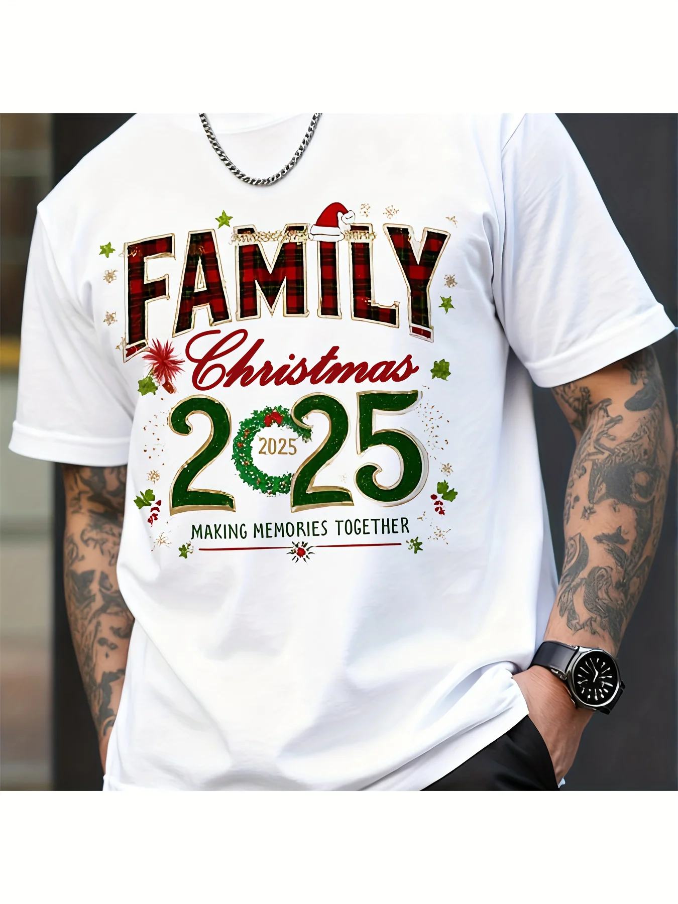 

Men's 2025 Christmas Family Same T-Shirt - Red and Green Holiday Short Sleeve T-Shirt with "Family Christmas" letters