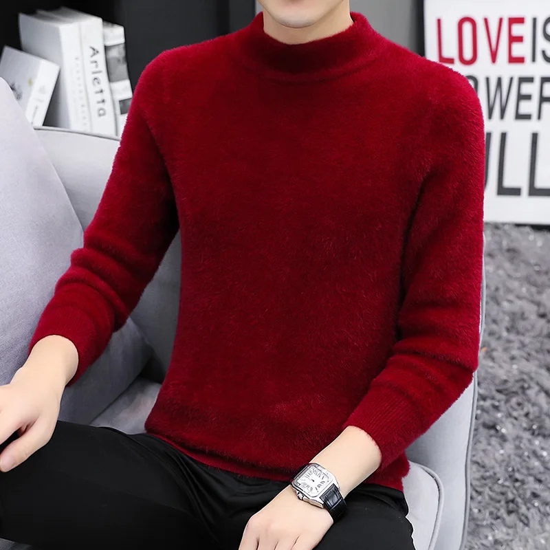 High-End Men's Knitwear Winter Half Turtleneck Thermal Sweater Red Handsome Fashion All-Match Fashion Warm Keeping Top Inner Wea