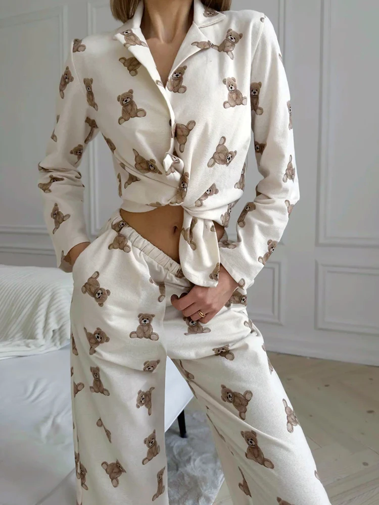 Linad Knitted Pajamas For Women 2 Piece Sets Print Long Sleeve Sleepwear Female Trouser Suits 2024 Autumn Casual Nightwear