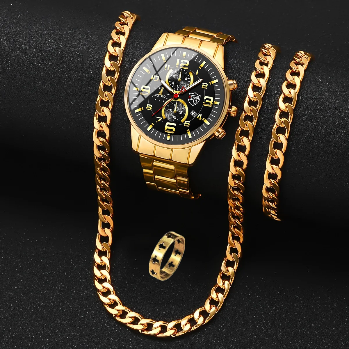 날짜 기능, 쿠바 목걸이, 반지 및 팔찌, 남성용 추수 감사절 이상적인 선물이 포함된 남성용 패션 4개/세트 쿼츠 시계