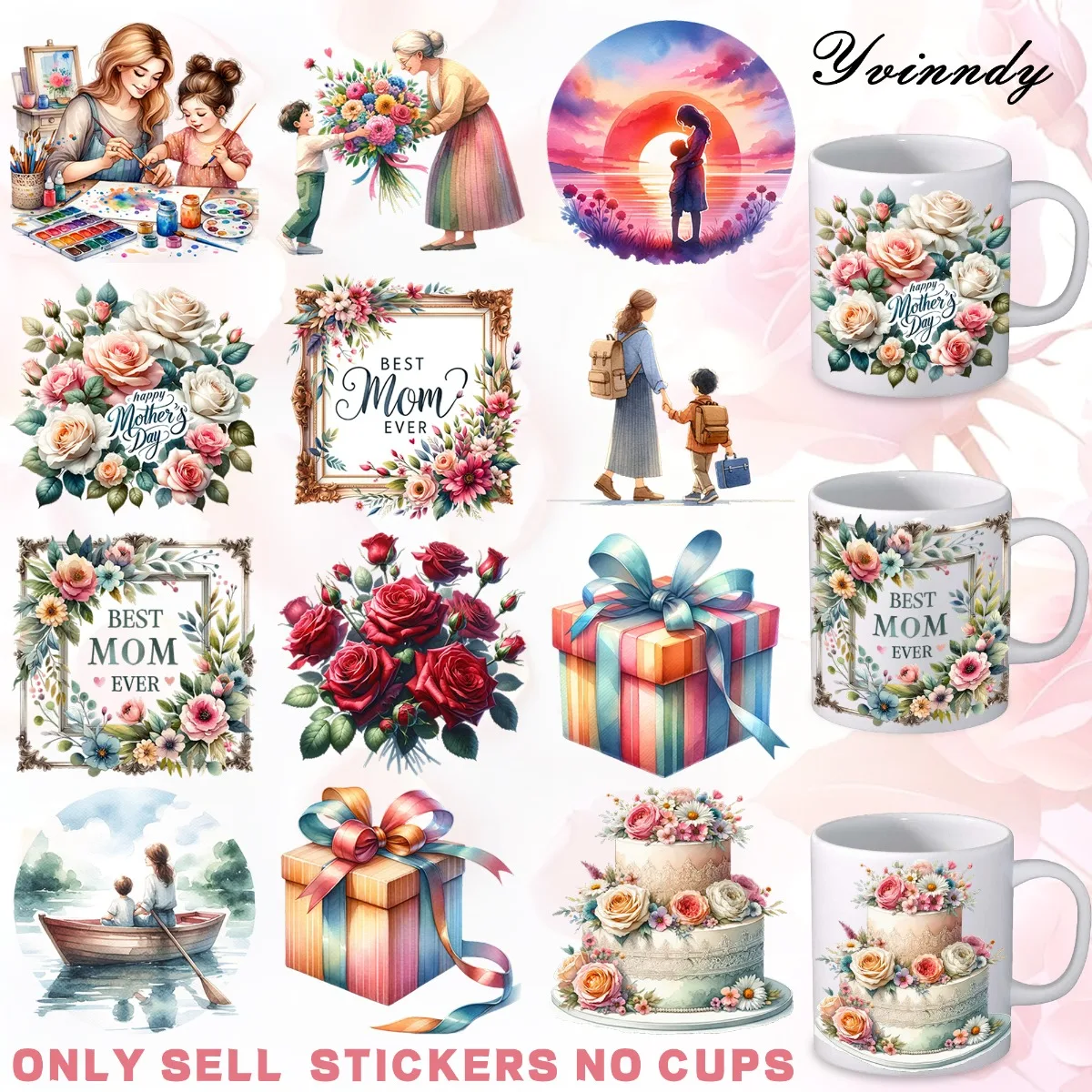 Juego de 12 pegatinas coloridas para el Día de la Madre, con mensajes DIY, para tarros de vidrio, papel UV DTF, adecuado para decorar tazas y botellas