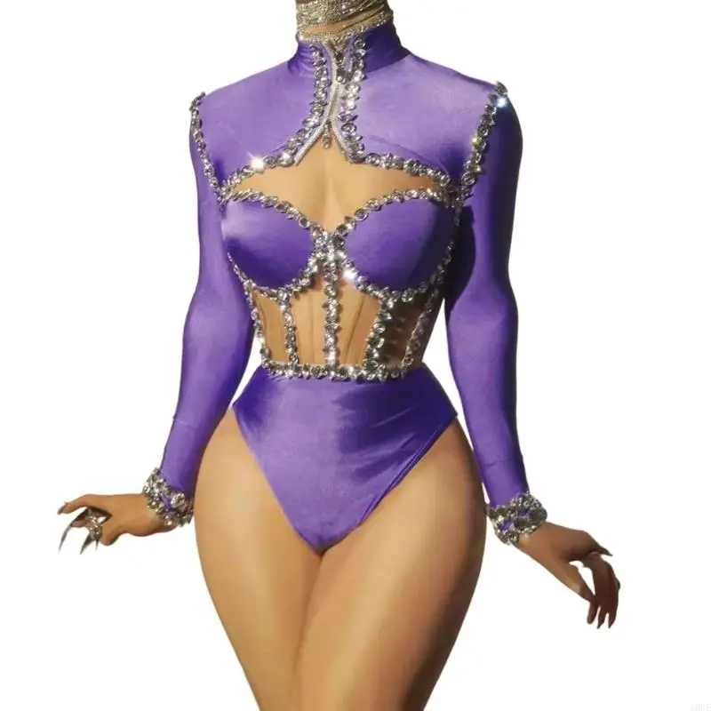 

Stage Performances Outfits Rhinestones Long Sleeve Shrug Crop Tube Top Bottom