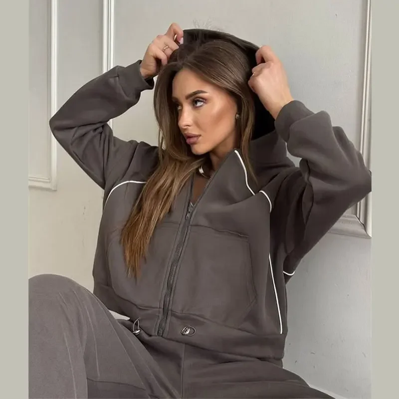 Damen-Hosen 2-teiliges Set: Kapuzenjacke mit langen Ärmeln und Reißverschluss, elastische Taille, weit geschnittene Hose, schicke Damen-Sportbekleidung, neues Herbst-Outfit. – Detail 18
