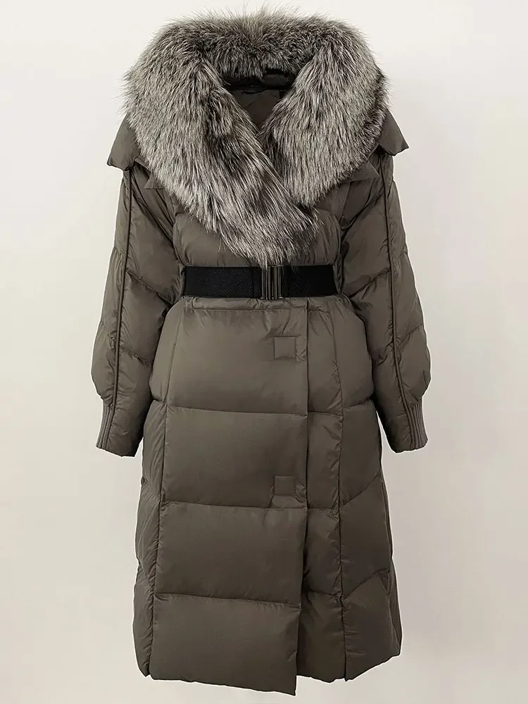 2025 المرأة الشتاء سترة طويلة الطبيعية ريال الراكون الثعلب الفراء طوق الأبيض بطة أسفل معطف حزام سميكة الدافئة ملابس خارجية غير رسمية