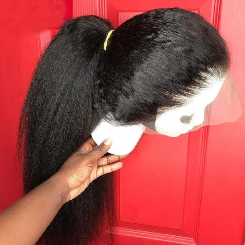 Peluca con malla frontal para mujer, pelo largo Yaki, suave, Natural, negro, 26 pulgadas, liso, rizado, 180 de densidad, con pelo de bebé, prearrancado, sin pegamento, para uso diario