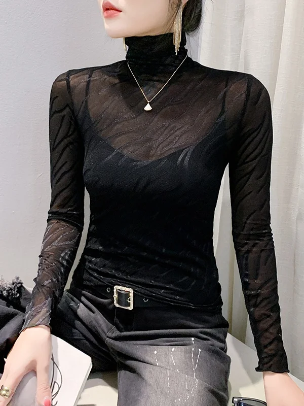 

High Collar Lace Base irt Women's Spring Autumn Thin Me Inner Wear Slim Sexy Chic See tough Trendy Street Sle Top