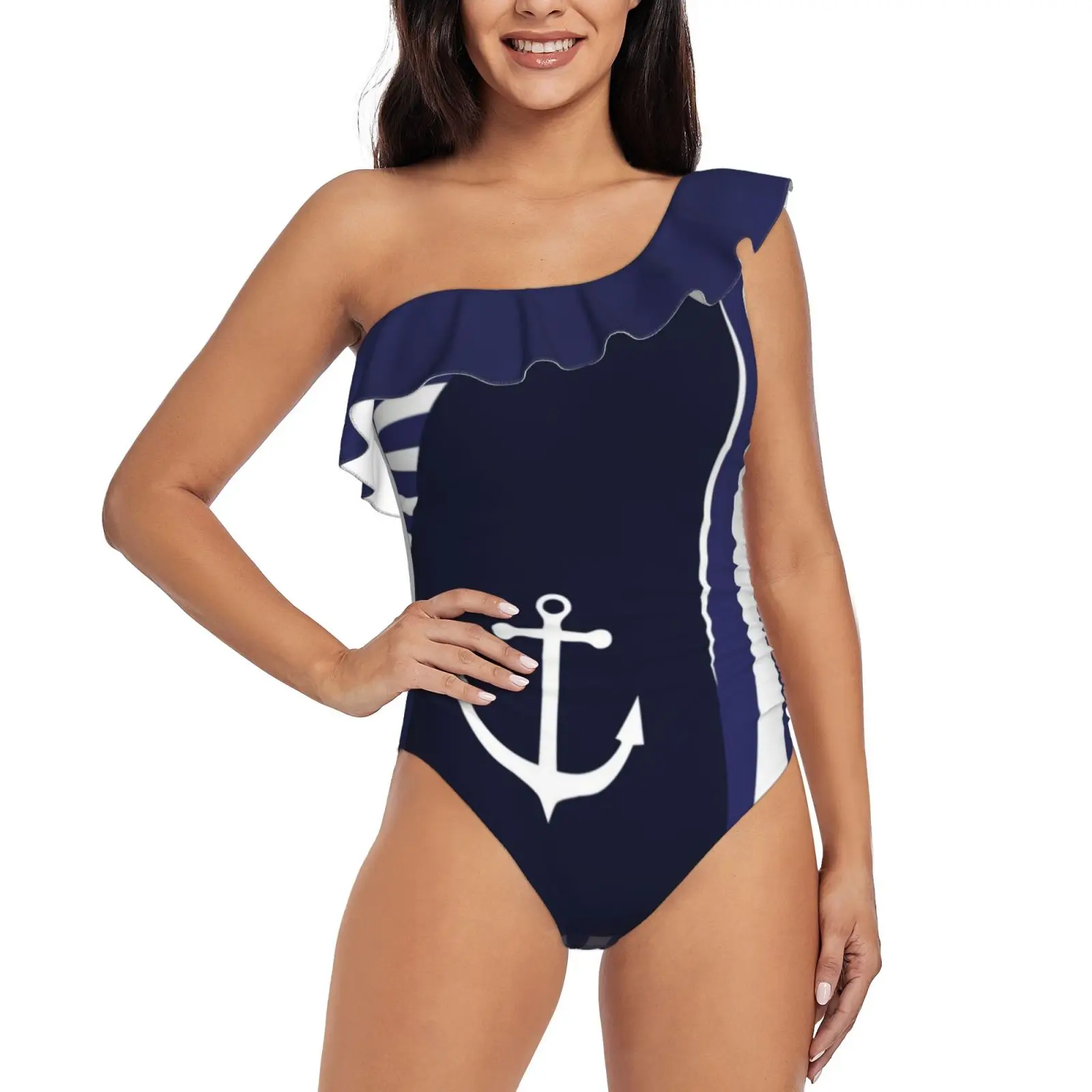 

Sailor Stripes With Anchor One Piece Swimwear One Shoulder Ruffle Swimsuit Women Backless Bathing Suit Sailor Sailor Stripe