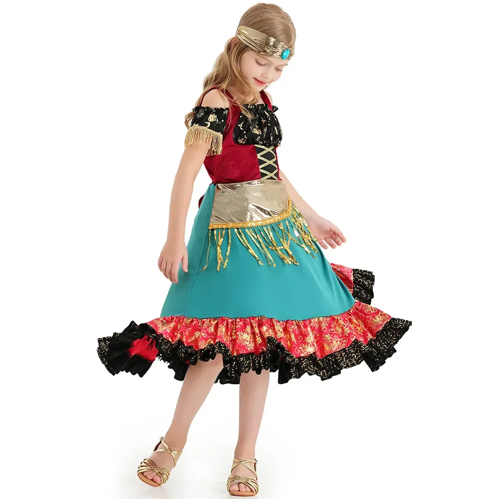 Deluxe Kid Girl Gypsy Cosplay Costume Flamenco Dance Dress Outfit Halloween Purim Waltz Tango Dance Show Fantasia Fancy Dress