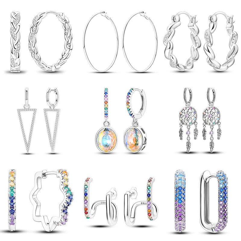 

925 Sterling Silver Geometric Rainbow CZ Hoop Dangle Earrings for Women Bohemian Trendy Lightweight Festival Jewelry
